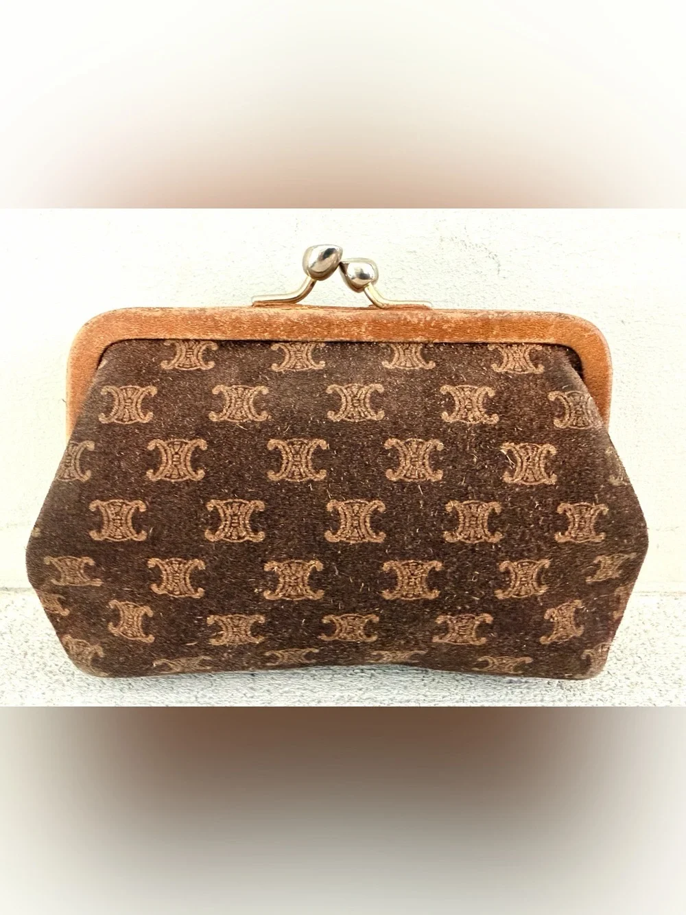 CELINE Rare Vintage C Macadam Suede Padded Kiss Lock Coin Purse